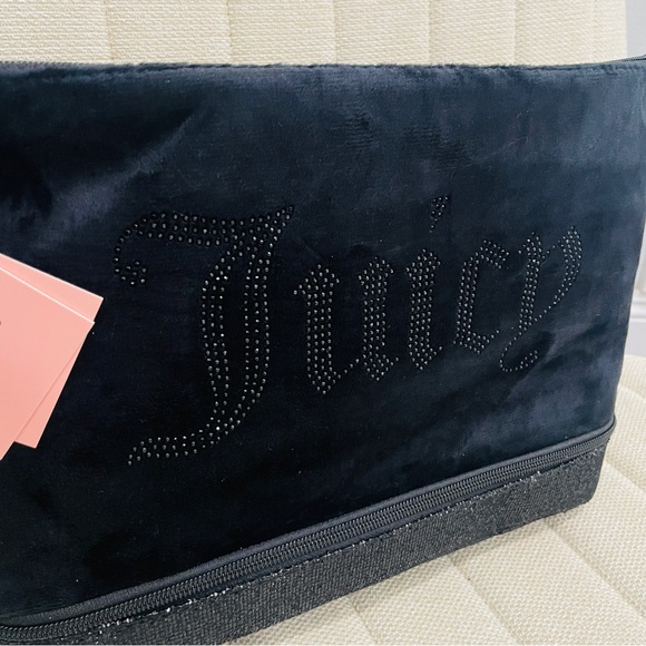 NEW Juicy Couture Black Velour‎ XL Multi Compartment Rhinestone Logo Makeup Bag - Picture 2 of 6